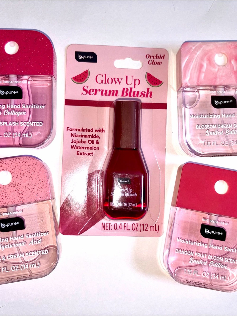 5 PC b.pure Lot: Glow Up Serum Blush Orchid Glow 0.4 fl oz + 4 Hand Sanitizers